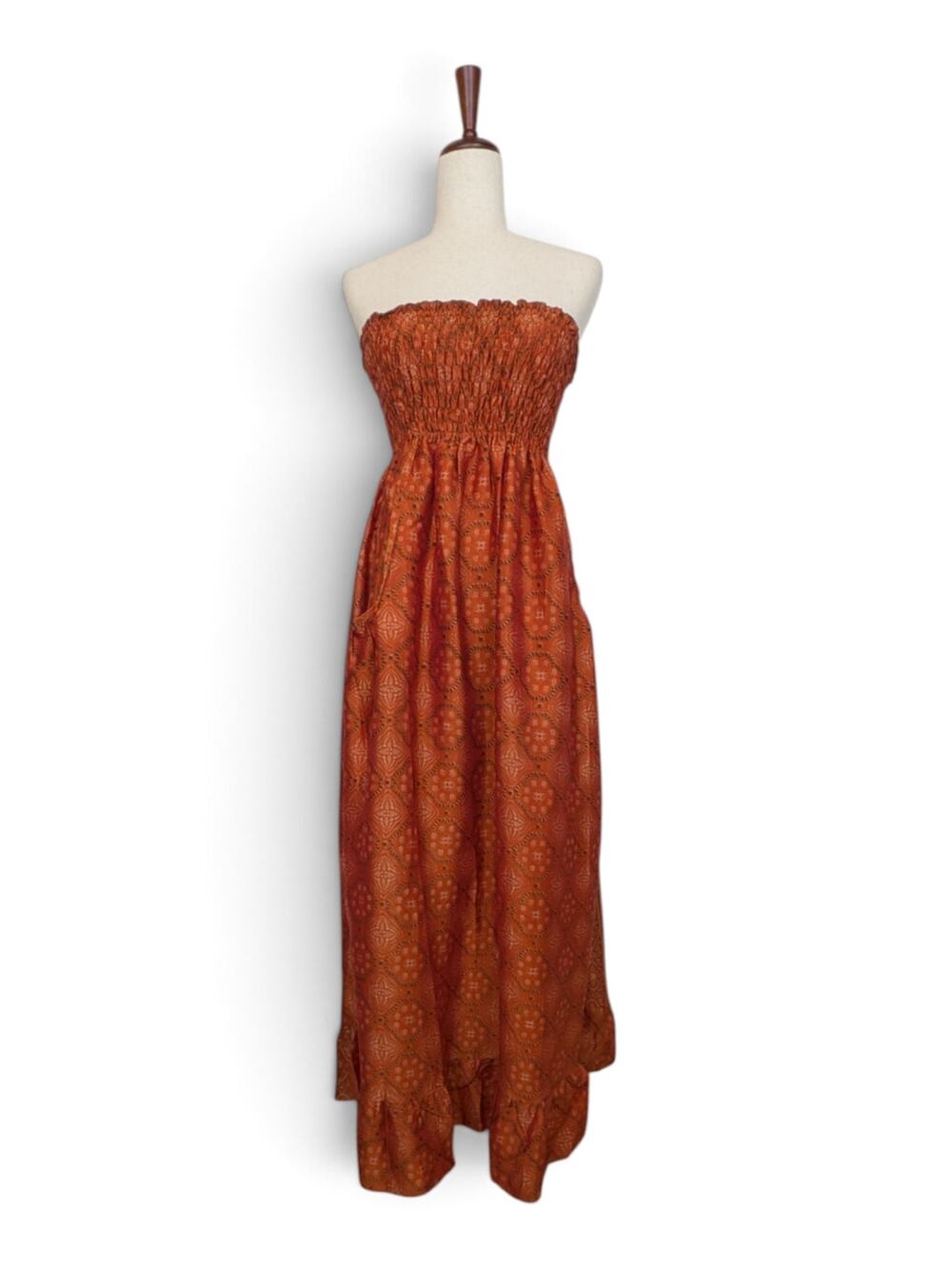 URBAN NOMAD 1000% Silk Indian Boho Tube Maxi Dress w/ Pockets - Medium